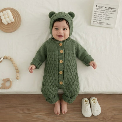 Conjunto de 2 Piezas para Bebé de Tejido de Punto Verde Cómodo – Mameluco y Gorrito Osito