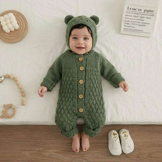 Conjunto de 2 Piezas para Bebé de Tejido de Punto Verde Cómodo – Mameluco y Gorrito Osito