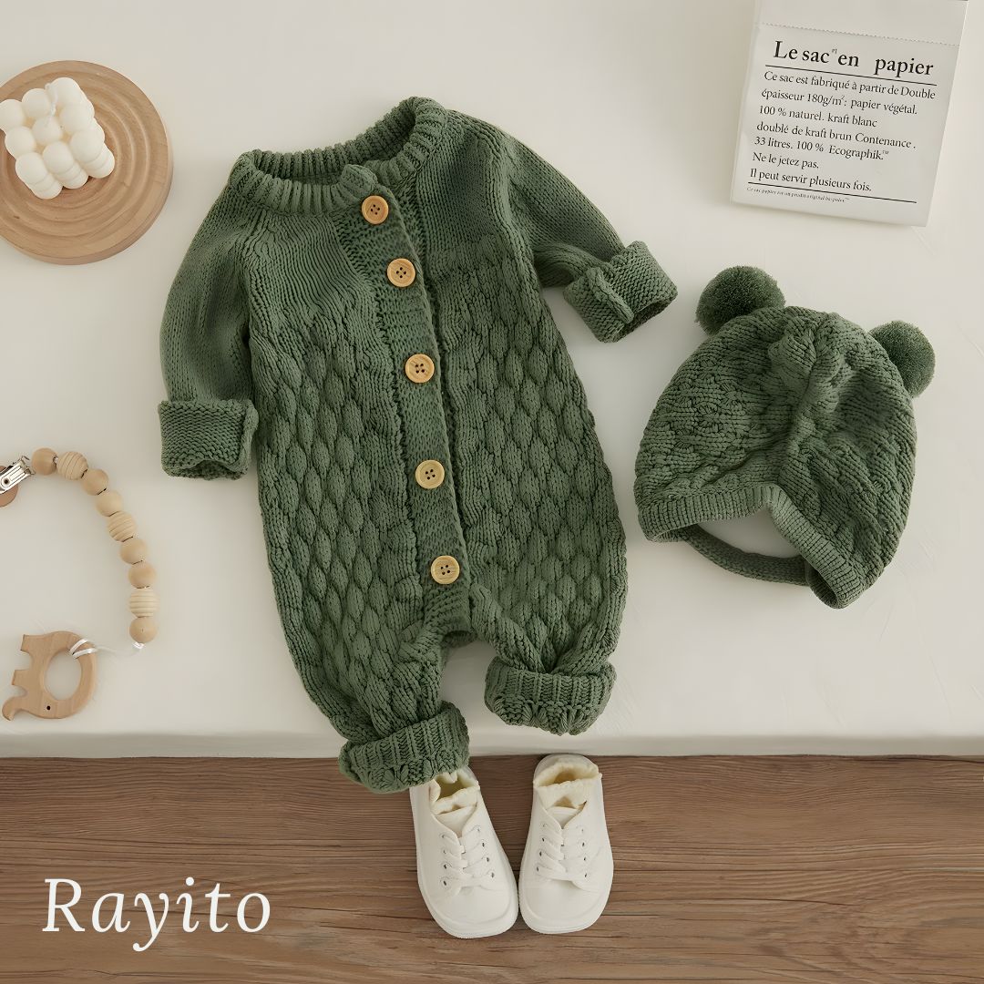 Conjunto de 2 Piezas para Bebé de Tejido de Punto Verde Cómodo – Mameluco y Gorrito Osito
