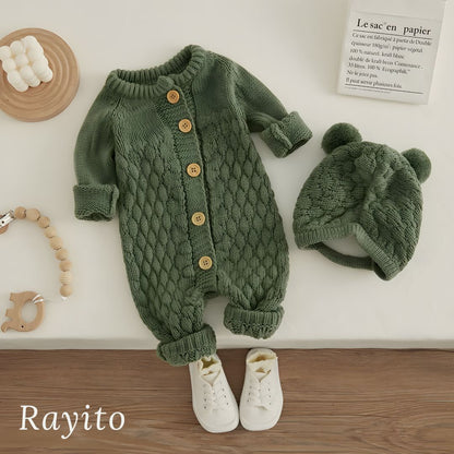 Conjunto de 2 Piezas para Bebé de Tejido de Punto Verde Cómodo – Mameluco y Gorrito Osito
