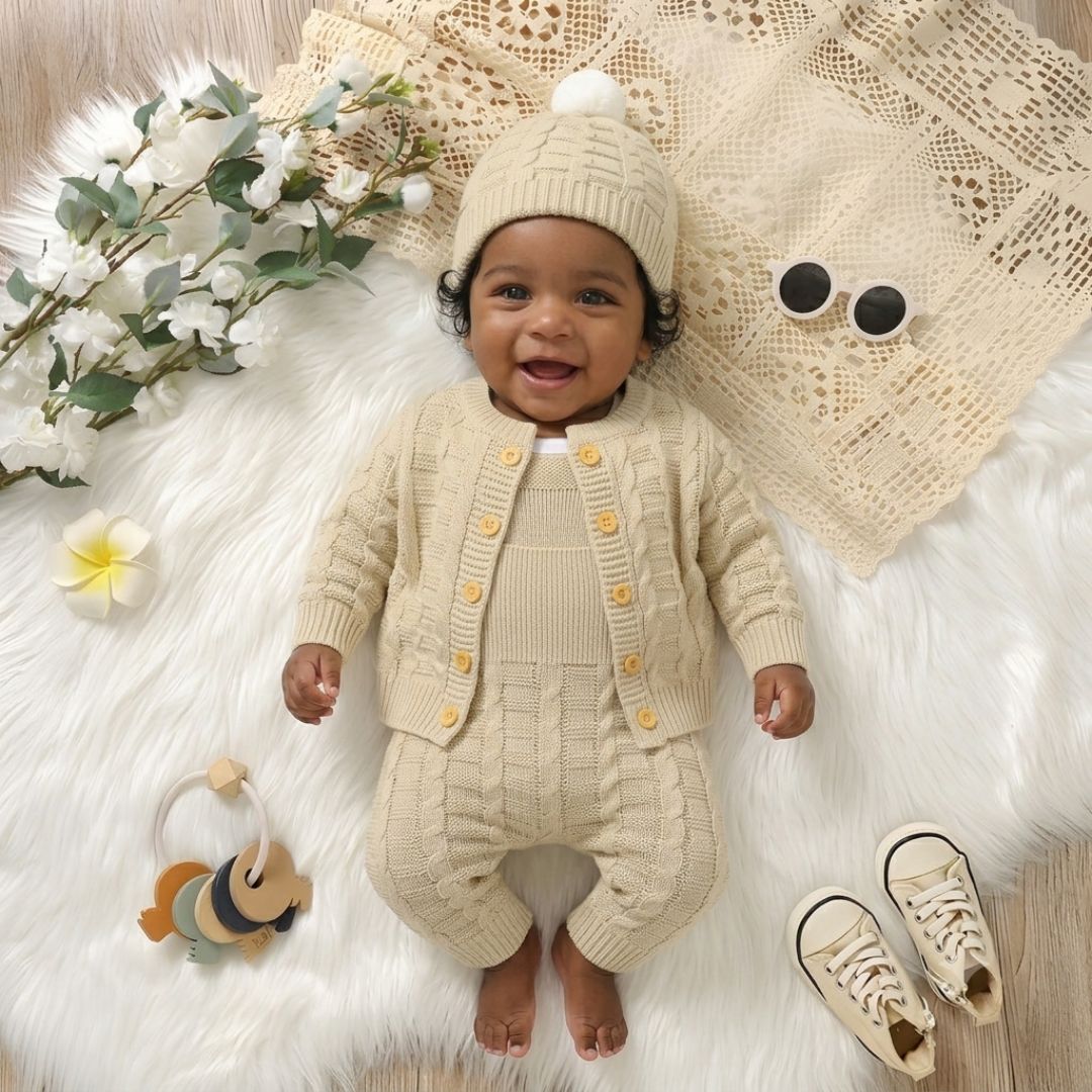 Conjunto de 3 Piezas Infantil para Bebé Tejido de Punto Beige Cómodo – Gorrito Pompon Beige