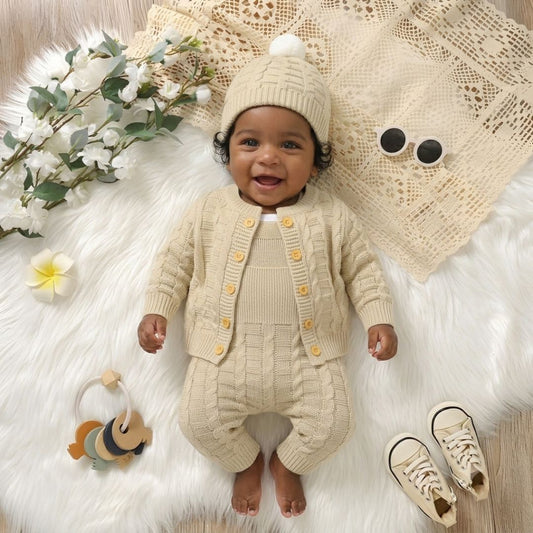 Conjunto de 3 Piezas Infantil para Bebé Tejido de Punto Beige Cómodo – Gorrito Pompon Beige