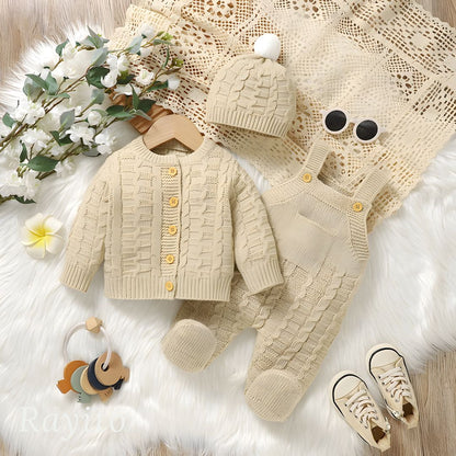 Conjunto de 3 Piezas Infantil para Bebé Tejido de Punto Beige Cómodo – Gorrito Pompon Beige