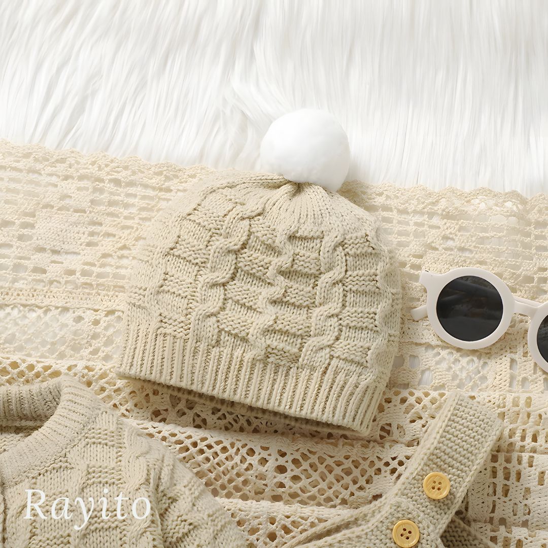 Conjunto de 3 Piezas Infantil para Bebé Tejido de Punto Beige Cómodo – Gorrito Pompon Beige