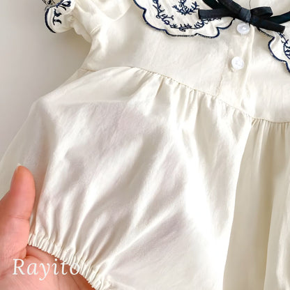 Mameluco Corto Infantil para Niña de Algodón Blanco y Negro Cómodo y Suave – Encaje Bordado Elegante