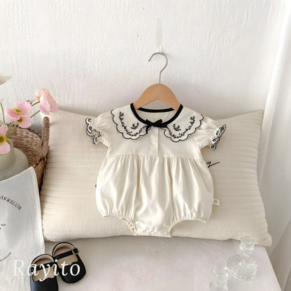 Mameluco Corto Infantil para Niña de Algodón Blanco y Negro Cómodo y Suave – Encaje Bordado Elegante