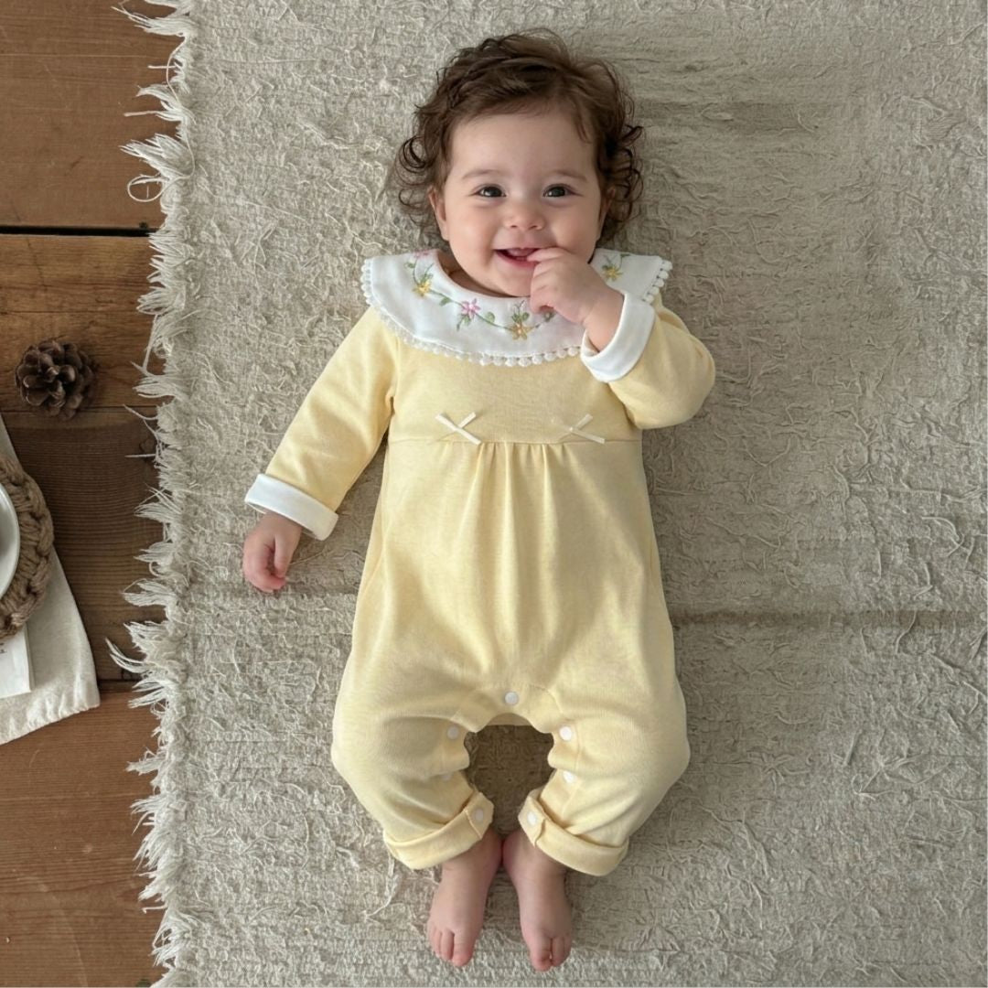 Mameluco Infantil para Niña de Algodón Amarillo Cómodo y Suave – Bordado Flores