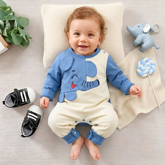 Mameluco para Bebé de Algodón Azul y Crema Cómodo y Suave – Elefante