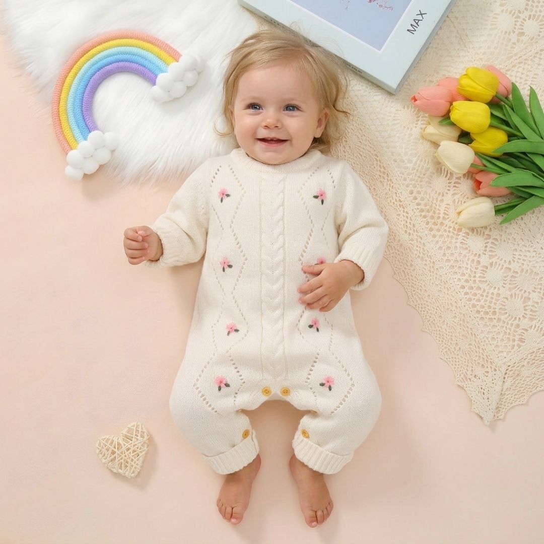 Mameluco Infantil Tejido de Punto Blanco Marfil Cómodo y Suave – Flores Bordadas Rosas