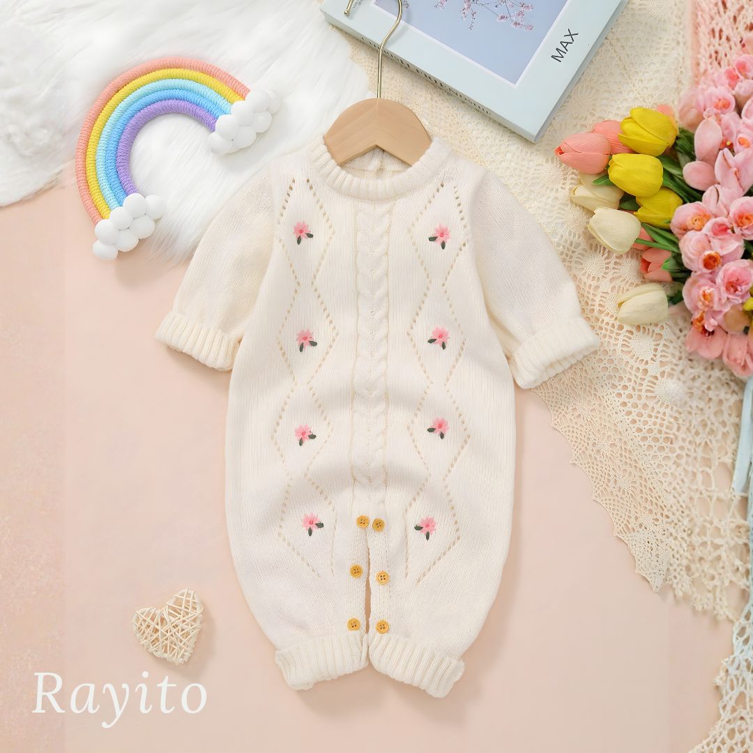 Mameluco Infantil Tejido de Punto Blanco Marfil Cómodo y Suave – Flores Bordadas Rosas