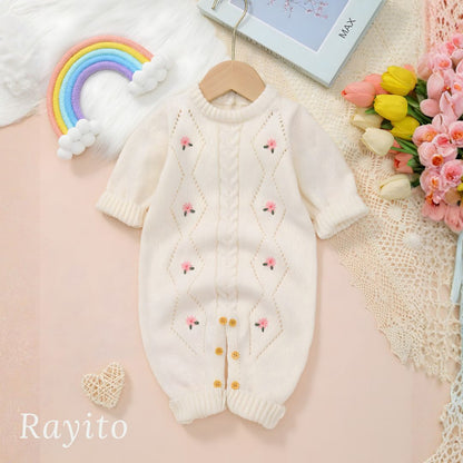 Mameluco Infantil Tejido de Punto Blanco Marfil Cómodo y Suave – Flores Bordadas Rosas
