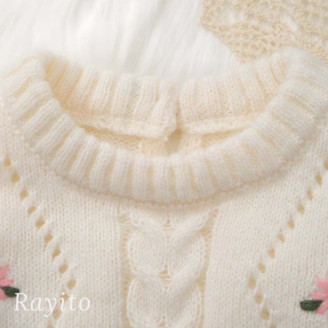 Mameluco Infantil Tejido de Punto Blanco Marfil Cómodo y Suave – Flores Bordadas Rosas
