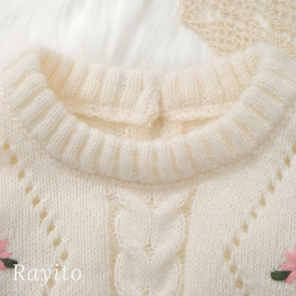 Mameluco Infantil Tejido de Punto Blanco Marfil Cómodo y Suave – Flores Bordadas Rosas