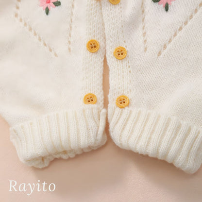 Mameluco Infantil Tejido de Punto Blanco Marfil Cómodo y Suave – Flores Bordadas Rosas