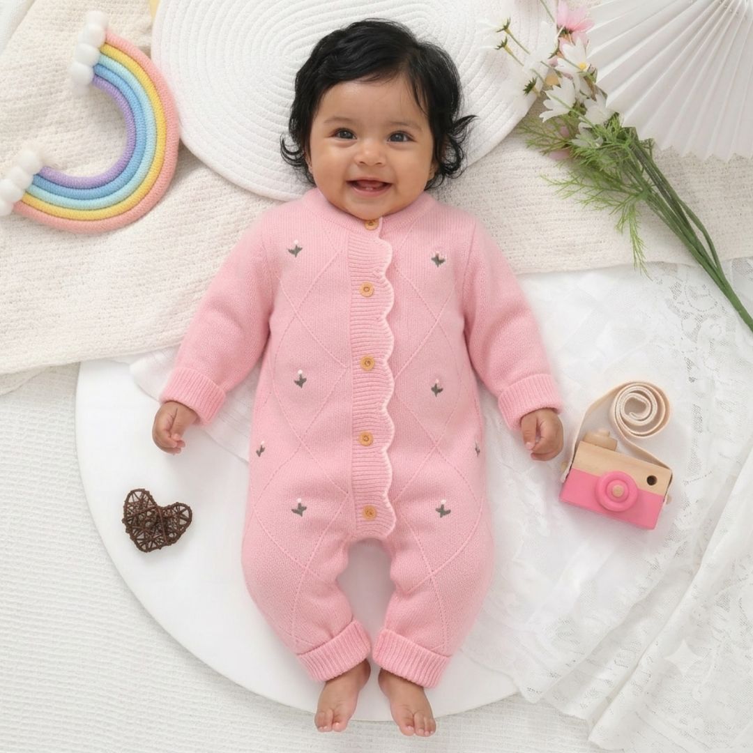 Mameluco Infantil Niña de Tejido de Punto Rosa Cómodo y Suave – Flores Tejidas Rosa