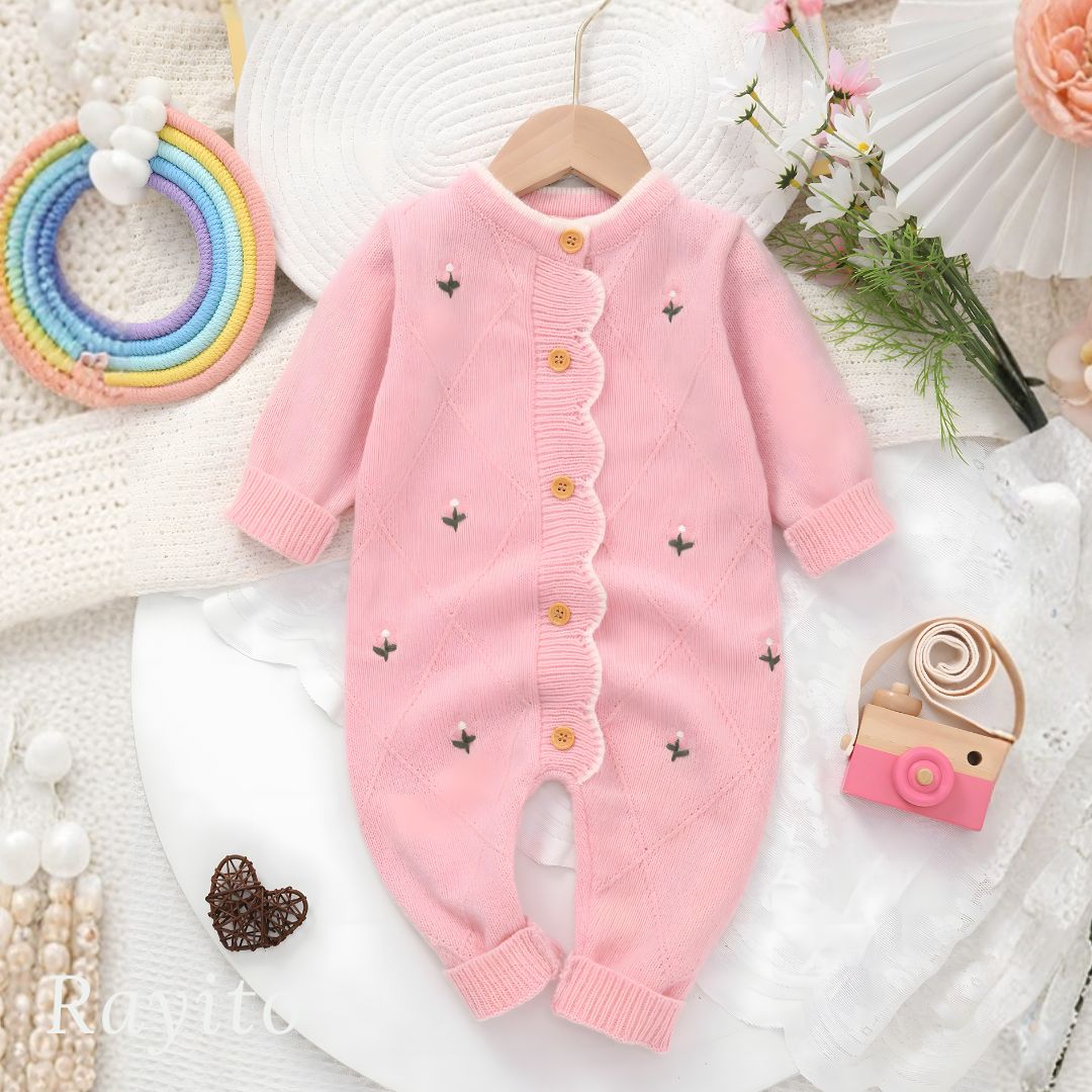Mameluco Infantil Niña de Tejido de Punto Rosa Cómodo y Suave – Flores Tejidas Rosa