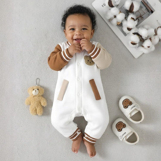 Mameluco para Bebé de Algodón Blanco y Café Cómodo y Suave – Osito Varsity Beige