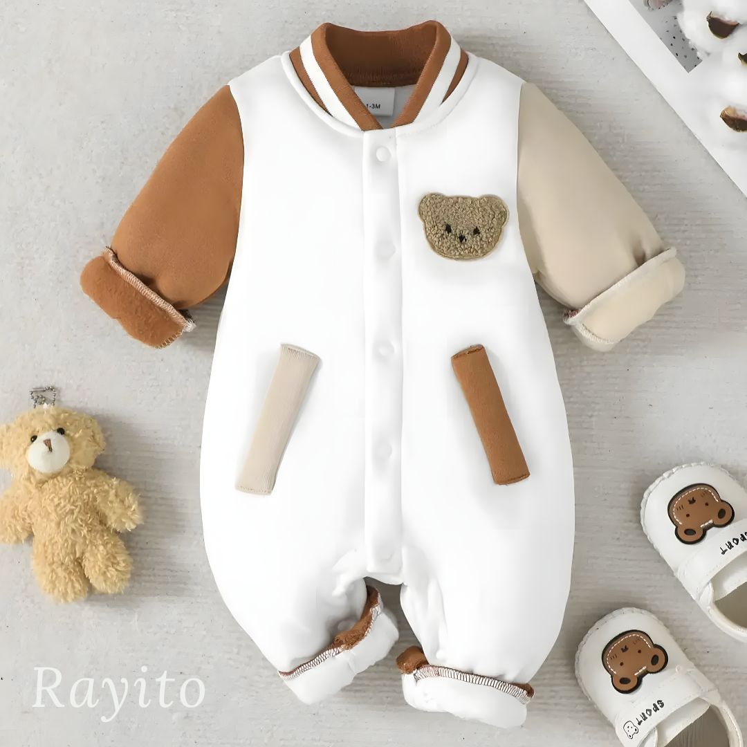 Mameluco para Bebé de Algodón Blanco y Café Cómodo y Suave – Osito Varsity Beige