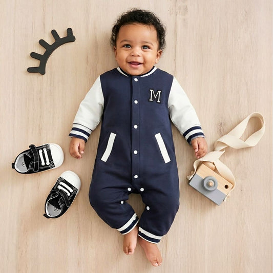 Mameluco para Bebé de Algodón Azul Marino y Blanco Cómodo – Estilo Beisbol
